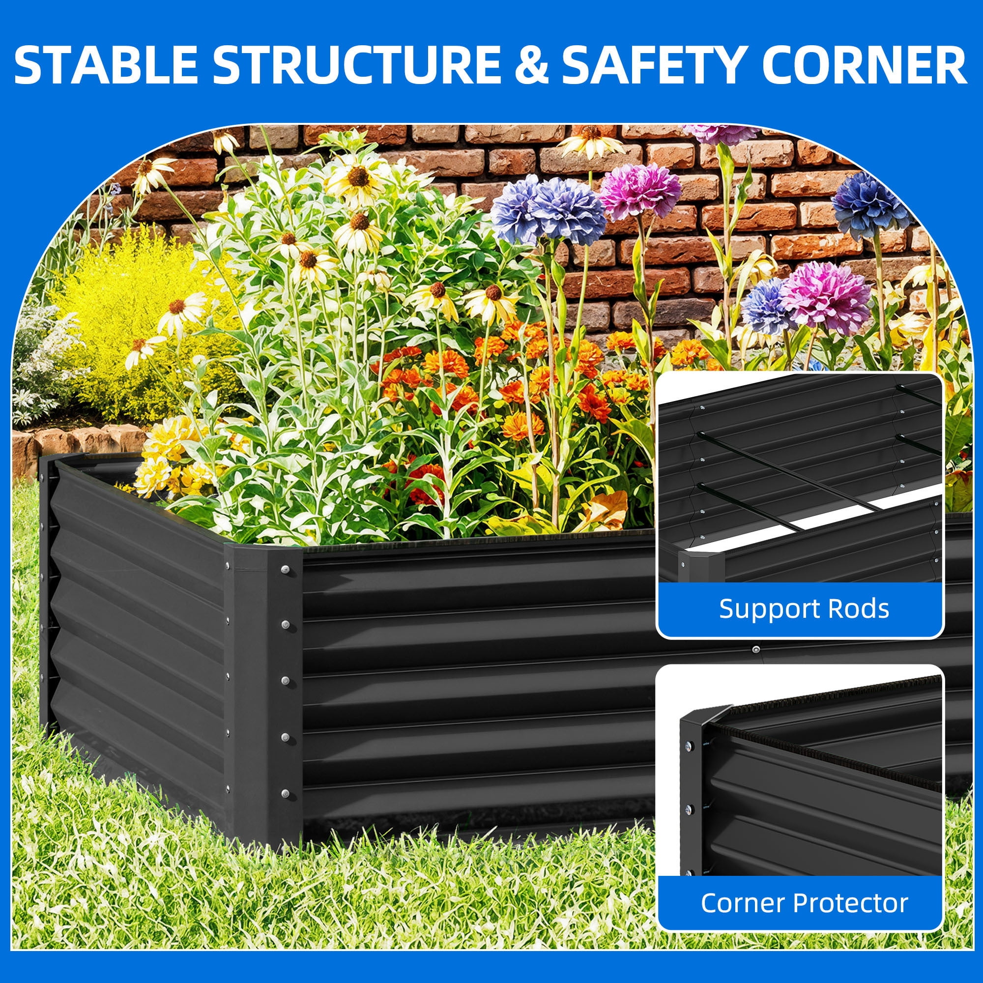Uforic 8x4x1.5ft 1 Pack Galvanized Metal Raised Garden Bed Kit with Safety Rubber and Gloves, Black