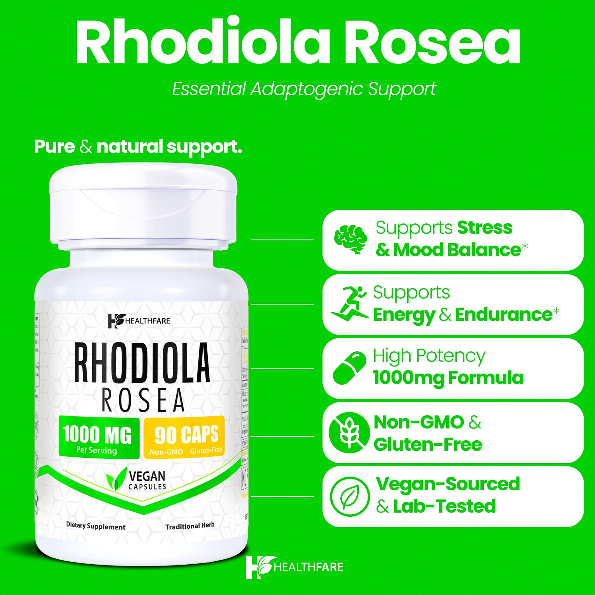 HealthFare Rhodiola Rosea 1000mg | Energy, Stress & Focus Support | 90 Vegan Capsules | Non-GMO, Gluten-Free | Made in USA