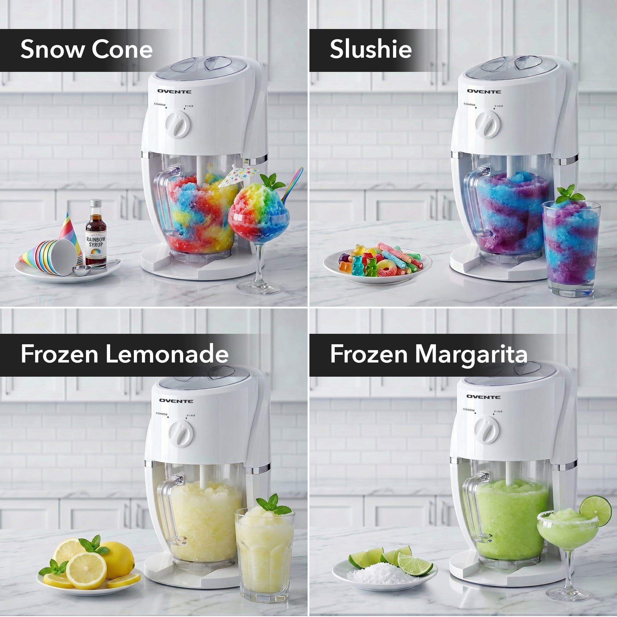 OVENTE Electric Shaved Ice Machine, 2 Shaving Settings, 45W, White ICR2037W | With Blending Jar/Serving Pitcher, Easy-to-Use Slushy & Snow Cone Maker for Homemade Treats, Frozen Cocktails & More