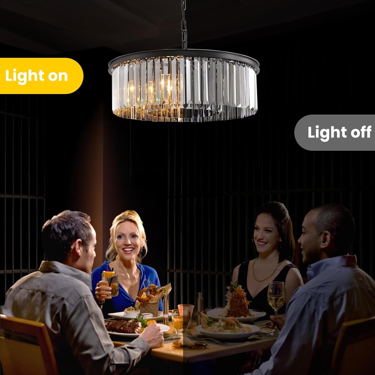 HOOMEDELIER 22" Modern Black Crystal Chandelier, Round 6-Light Pendant for Dining Room & Kitchen