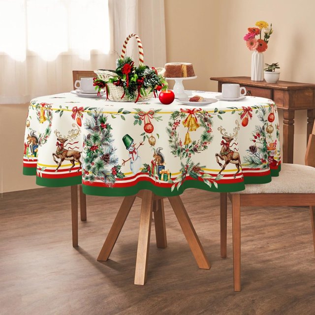 Yighty Round Christmas Tablecloth 60 x 60in,Christmas Tree Elk Holiday Decoration Table Cloth,Polyester Waterproof and Wrinkle-Resistant Durable Christmas Tablecloth for Kitchen,Winter and Home Decor
