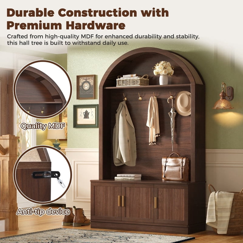 Farmhouse Hall Tree with Arched Top, Mid-Century Fluted Door Entryway Bench with Storage Cabinets & Adjustable Shelves, Coat Rack with 5 Metal Hooks for Hallway