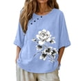 thumbnail image 6 of Wooowa Women Summer Tops Short Sleeve Button Casual Tee Shirt Round Neck Floral Blouses Clothes, 6 of 7
