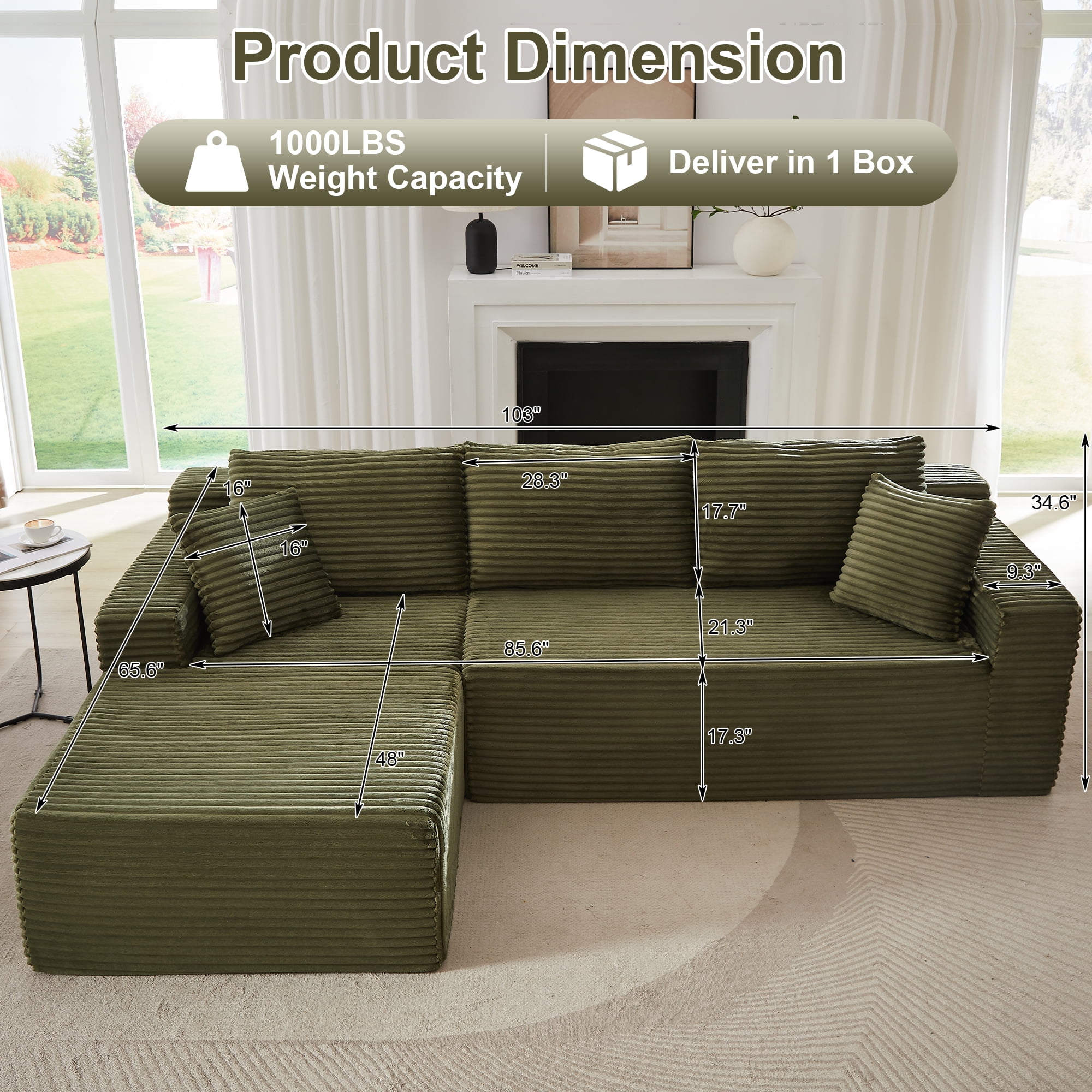 GNIXUU 103” W Corduroy Boneless Couch, L-Shaped Sectional