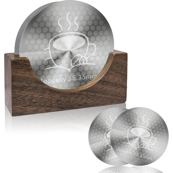 2 Pack 58.35mm Espresso Puck Screen with Stand, 0.9mm 150μm Ultra Thin, Compatible with Breville Barista 58.5mm Portafilter Basket, 304 Stainless Steel Espresso Machine Accessory