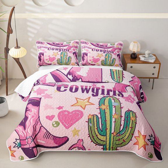 Erosebridal Western Cowgirls Twin Quilt Set for Girls, Tropical Cactus Twin Coverlet Set, 2 Pieces 1 Quilt and 1 Pillowcase