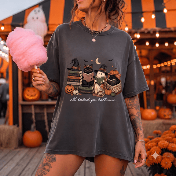 All Booked for Halloween Shirt, Ghost Cat Witch Books Comfort Colors Unisex Graphic Tee - Pepper, S