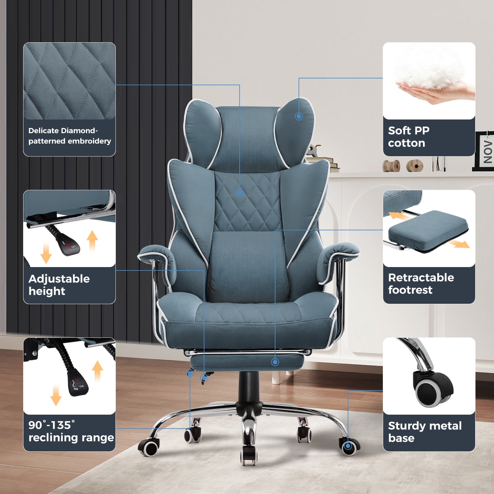 EXRACING Ergonomic Big and Tall PU Leather Gaming Chair with Footrest, Blue