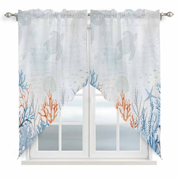 Coastal Coral Kitchen Window Curtains, Swag Curtains Valance for Bedroom Living Room Bathroom, Blue Ocean Starfish Turtle Watercolor Rod Pocket Window Treatment Curtain Block Drapes 2 Panels 36"x36"