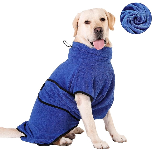 Bata de baño de microfibra para perros, lavable, pijama de secado rápido, toalla absorbente, abrigo para mascotas (M, azul)