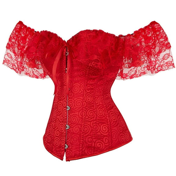 Aboser Women's Corset Tops Steampunk Gothic Bustier Top Off Shoulder Jacquard Overbust Corsets with Lace Sleeve Body Shaper