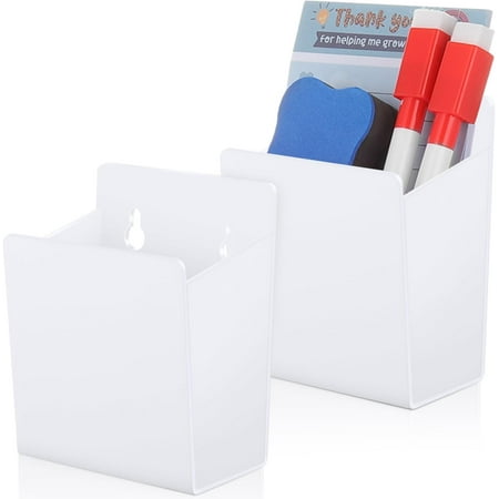 2 Pcs Acrylic Wall Mounted Marker Holder Acrylic Pen Holder Adhesive Glass Whiteboard Marker Organizer Dry Erase Organizer with Tapes Hanging Holes for Whiteboard Fridge Locker(White)