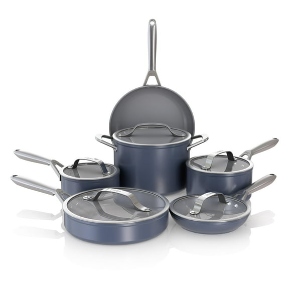 Ninja NeverStick Ceramic Pro Juego de utensilios de cocina de 11 piezas, ollas y sartenes antiadherentes, tapas de vidrio, revestimiento cerámico, acero inoxidable, estufa a horno, todas las estufas,