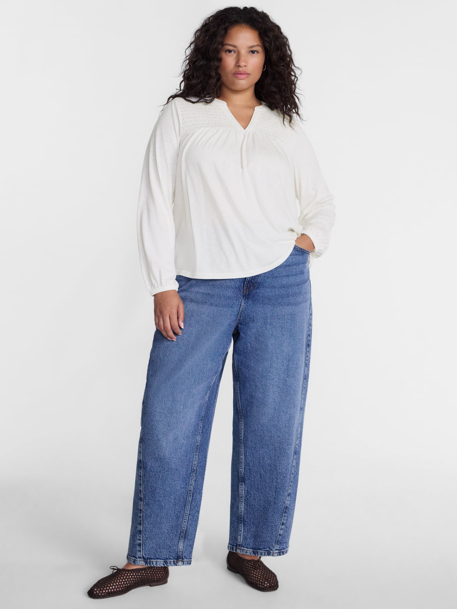 Terra & Sky Women's Plus Smocked Yoke Top with Long Sleeves, Sizes 0X-5X