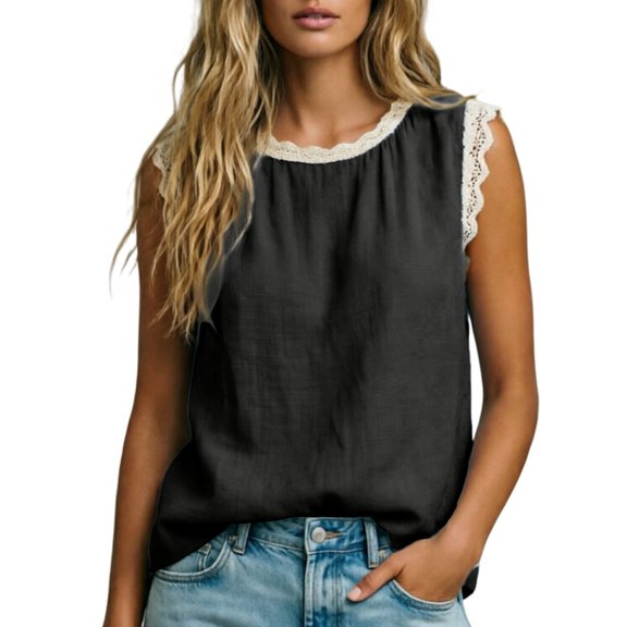 SJLDQY Womens Cotton Linen Tshirts Sleeveless T-Shirts for Women Casual Lace Crew Neck Solid Breathable Tank Tops