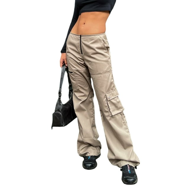 Txlixc Pantalones cargo casuales para mujer, pantalones holgados de color sólido con múltiples bolsillos, negro / caqui / verde Txlixc Moda