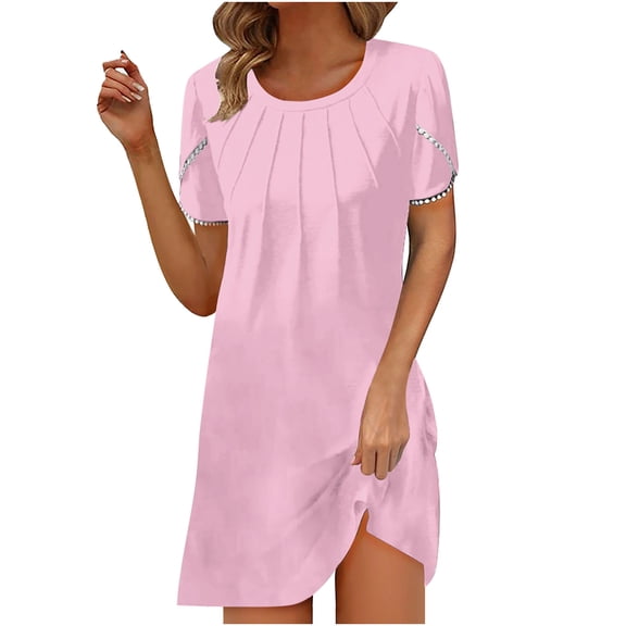 gakvbuo Summer Dress For Women Mini Dress T-Shirt Dress New Women's Summer Casual Round Neck Solid Color Loose Chest Pleated Short Sleeve Dress