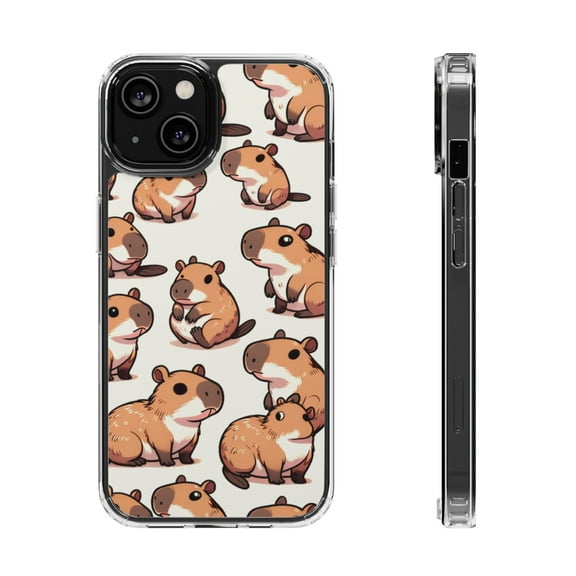 DistinctInk Hybrid (Acrylic / TPU) Clear Slim Fit Case for Apple iPhone 12 (6.1" Screen) - "Whimsical Capybara Parade: A Repeating Pattern"