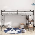 thumbnail image 2 of UHOMEPRO Junior Twin Loft Bed with Shelf, Metal Twin Loft Bunk with Cinnamon Wood Shelf, Loft Bed with Stairs and Reinforced Guardrail, Bunk Bed with 2 Layer Shelf, Black, 2 of 10