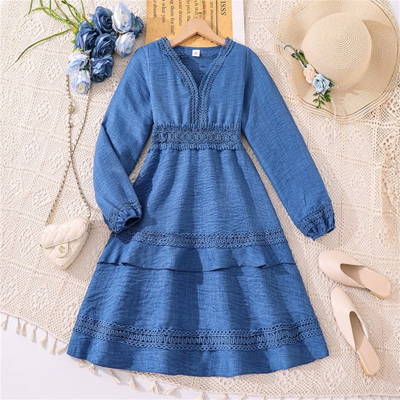 Elegant Long Sleeve Lace Dress for Girls Comfortable Twirl Flowy Party and Autumn Wear Outfit Girls Summer Dress Cassual Formal Dresses Cute Sun Dresses