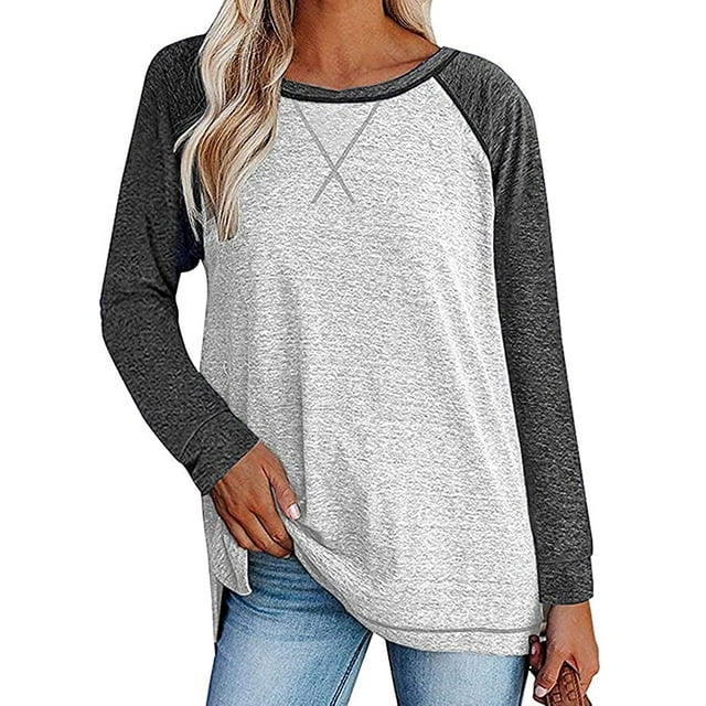 Chemises à Manches Longues pour Femmes Col Ras du Cou Raglan Casual Tunique en Coton en Vrac T-Shirt d'Automne