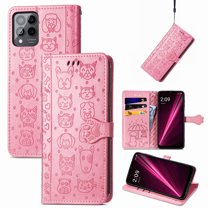 Conmpatible for T-Mobile REVVL 6 Pro 5G Wallet Case with Card Holder, Lovely Cartoon Cat & Dog Animal Embossed Pattern PU Leather Flip Cover Kickstand Magnetic Clasp Shockproof Case, Pink