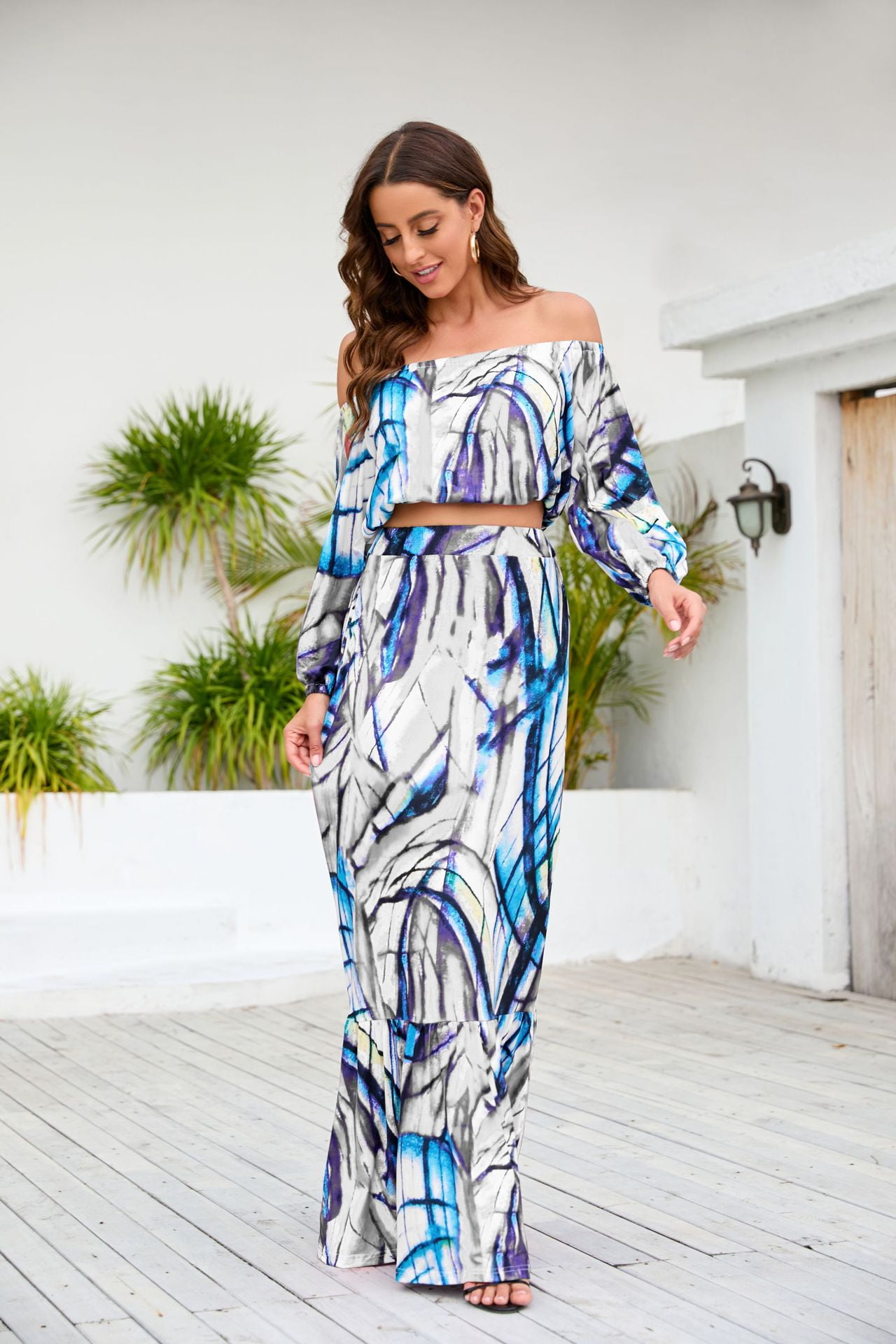 Women Plus Size Two Piece Tie Dye Outfits V Neck Shirt and Swing Maxi Skirt Set Dress Party Night 