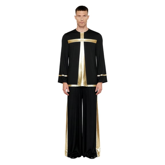 Aislor Men's Liturgical Praise Dance Outfit Metallic Shiny Cross Pullover Tops and Loose Pants Church Worship Dancewear Black L