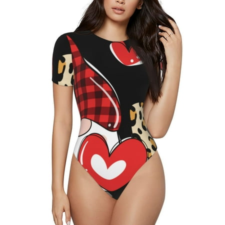 Vsdgher Love Gnomes Prinr Short Sleeve Body suit for Womens  Sexy Onesie One Piece Round Neck Bodysuit Shapewear Tummy Control-XX-Large