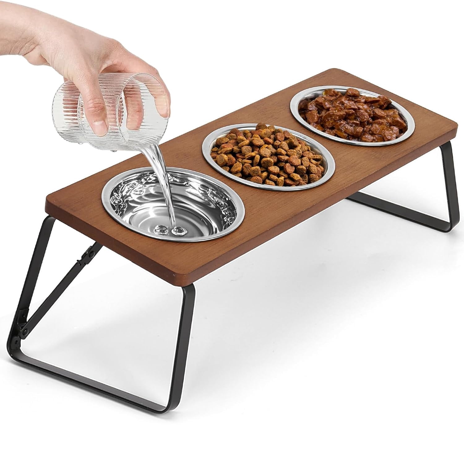 Flantor Elevated Cat Feeding Bowl Set with 10° Tilt, 3 Stainless Steel Bowls, Wood Frame and Foldable Metal Stand