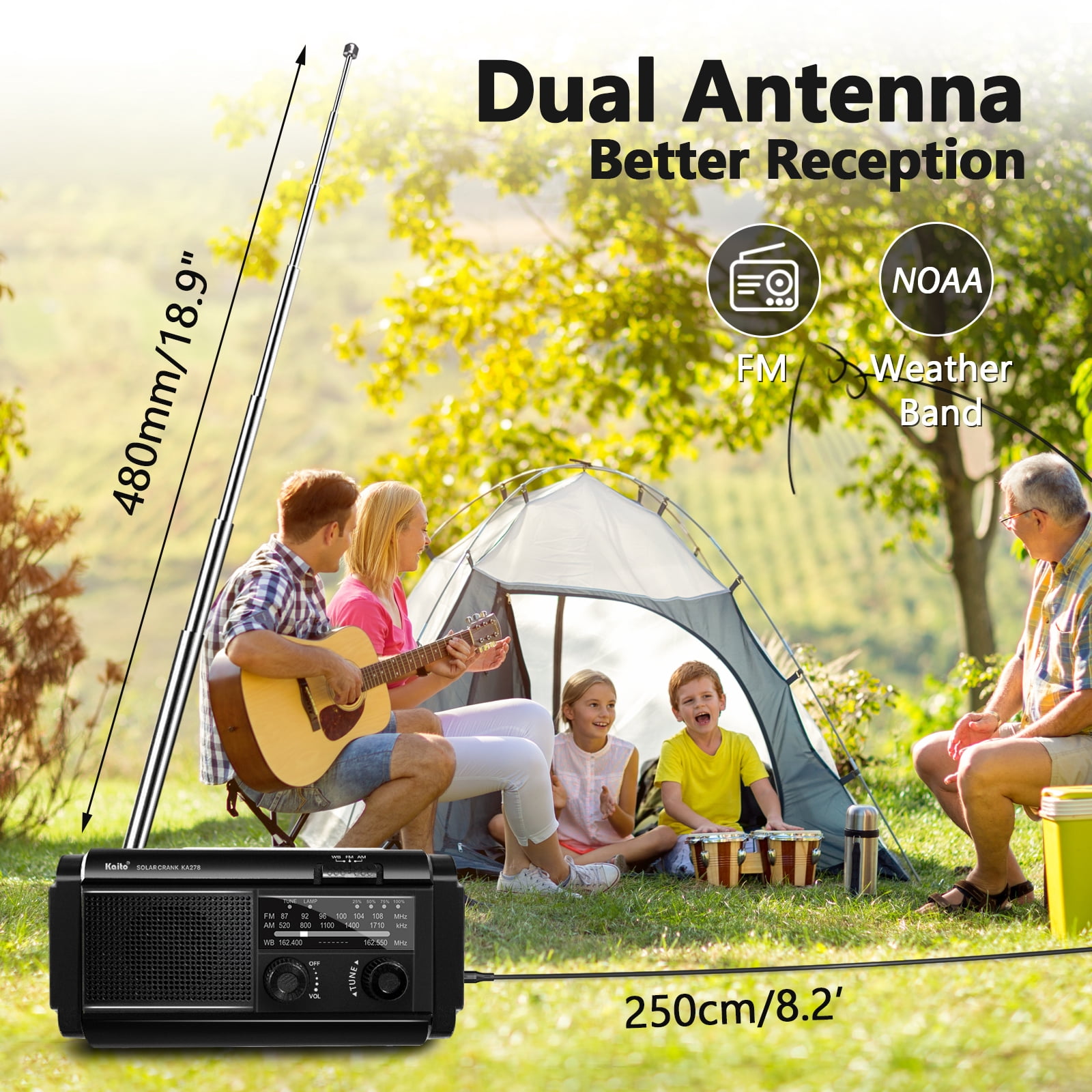 Kaito KA278 Emergency Weather Radio NOAA AM FM 4000mAh Power Bank Solar Crank - Black