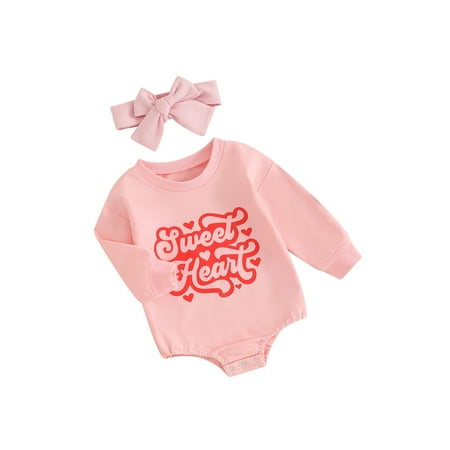 

Co.MMehjri Newborn Baby Girl Valentines Day Clothes 3 6 12 18 Months Infant Outfit Long Sleeve Crew Neck Letters Heart Print Romper with Hairband
