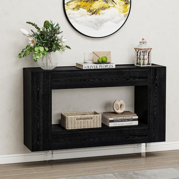 Vavkorkula Black Wood Grain Mdf Console Table with Hidden Storage and Adjustable Shelves