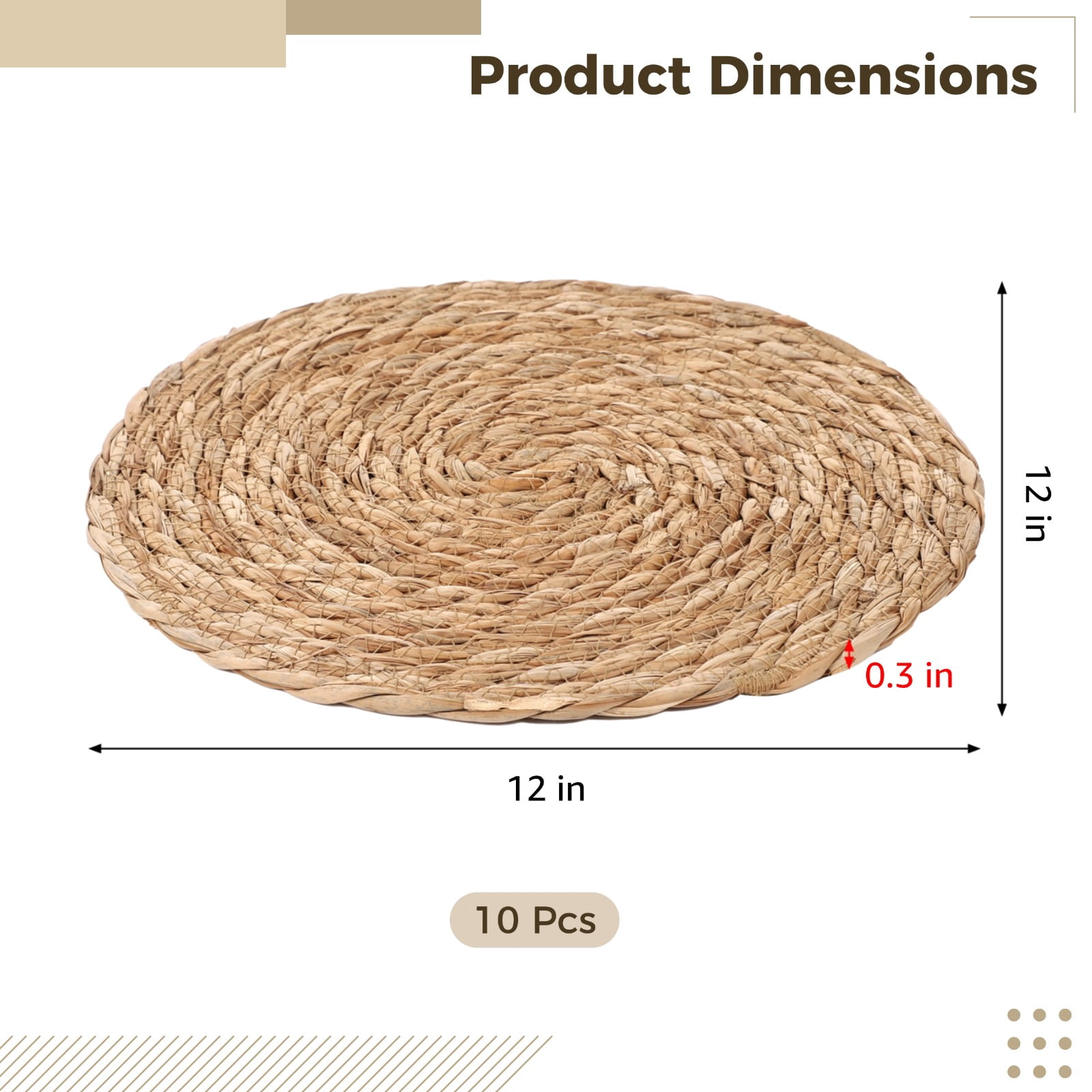 Round Placemats Set of 10, 12 in Diameter Woven Placemats, Natural Seagrass Color, Heat-proof Table Mats, Rustic Decor for Dining Tables Weddings