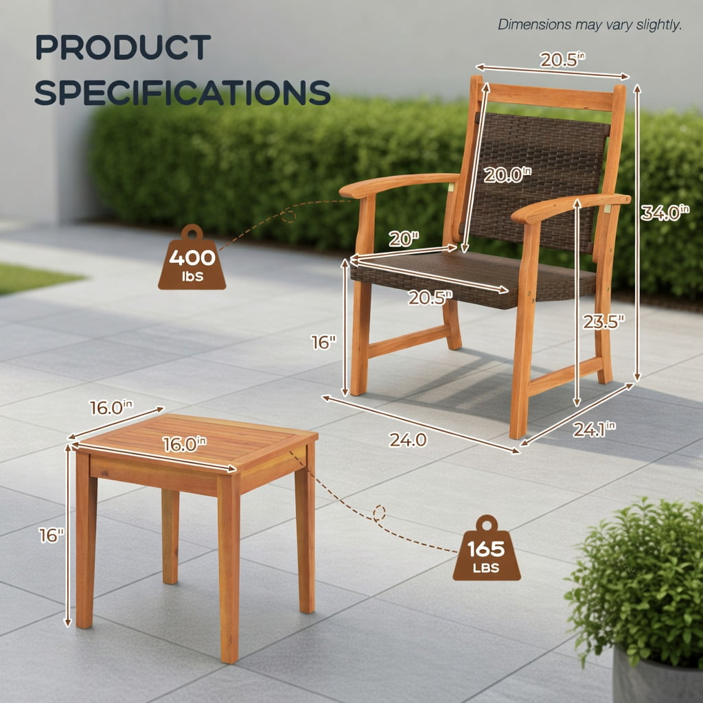 Hommoo 3-Piece Outdoor Rattan Bistro Set, 2 Acacia Wood Armchairs + Square Side Table, Rustic PE Wicker Patio Furniture for Garden, Balcony & Deck, Reddish Brown