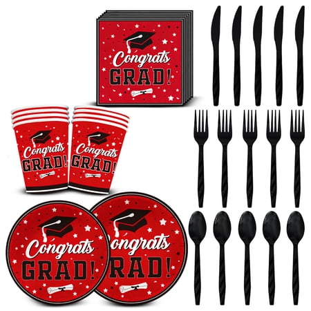Class of 2026 Graduation Party Supplies Black Red Grad Tableware Kit with Plates Cups Napkins Cutlery for Grad Celebration Decor (Red) Class of 2026 Graduation Party Supplies Black Red Grad Tableware Kit with Plates Cups Napkins Cutlery for Grad Celebration Decor (Red)