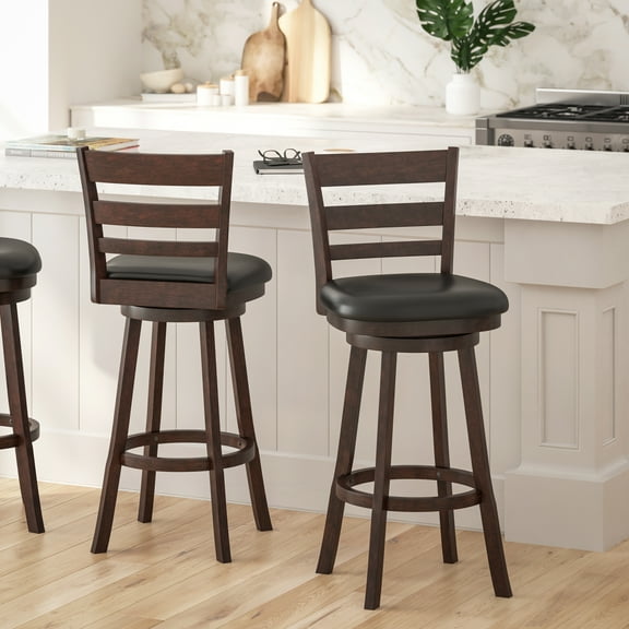 Merrick Lane 30" Espresso Classic Wooden Ladderback Swivel Bar Height Stool with Black Faux Leather Padded Seat and Integrated Footrest
