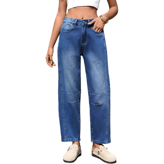 Women Trendy High Waisted Wide Leg Stretchy Baggy Ankle Denim Pants with Pockets Deep Blue S