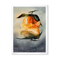 Designart 'One Peeled Fresh Orange Mandarin Under Green Leaves' Traditional Framed Art Print