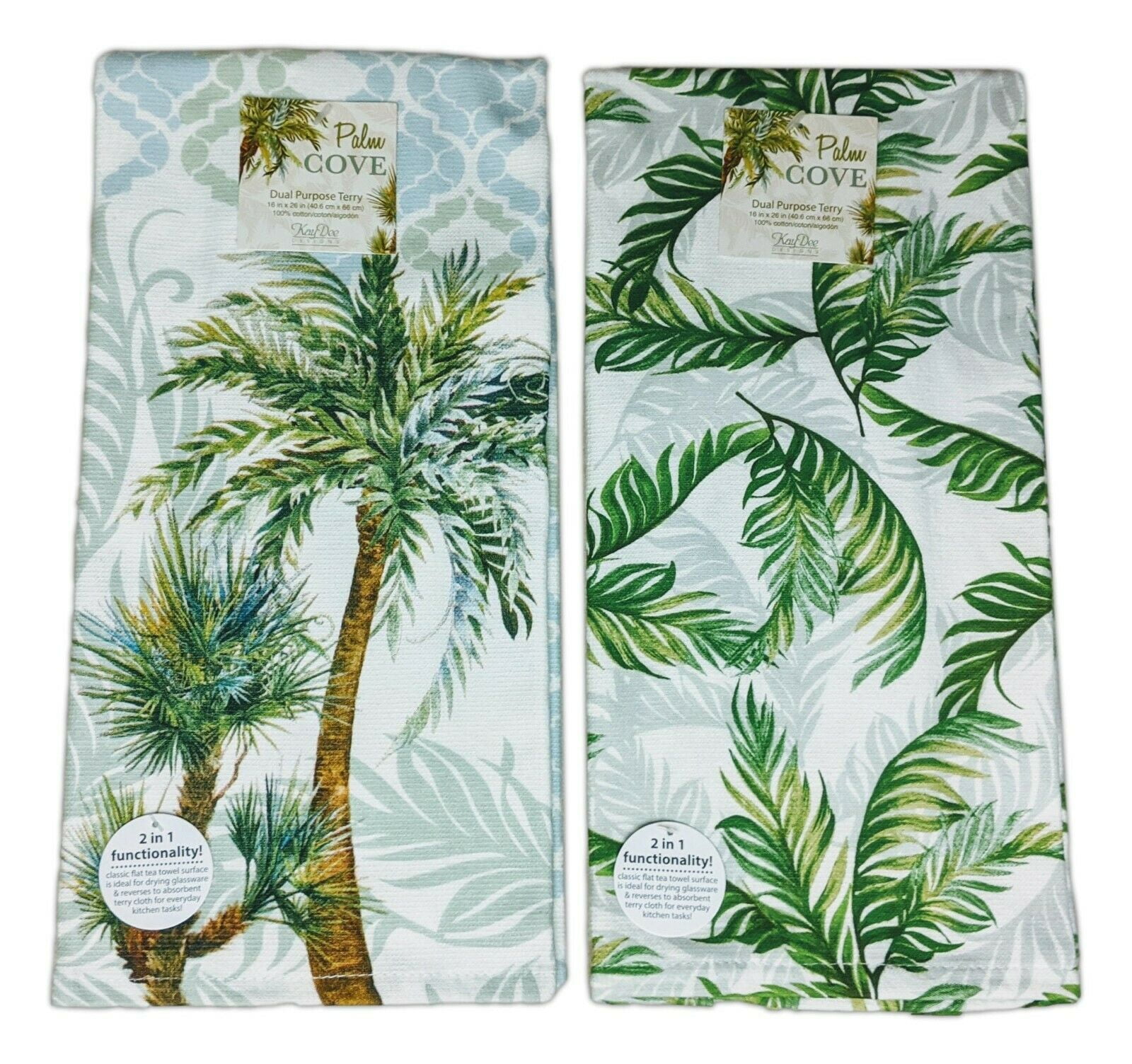 Tropical Island Embroidered Palm Trees Kitchen or Hand Towel Blue White Green 