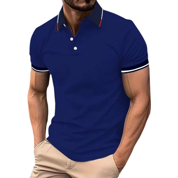 Camisa informal de manga corta con solapa y botones para hombre, color liso