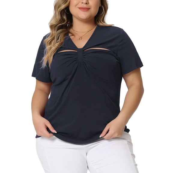 Agnes Orinda Plus Size Top for Women Ribbed Knit CutOut Twist Knot Neckline Short Sleeve Tee Shirt 2X Navy Blue