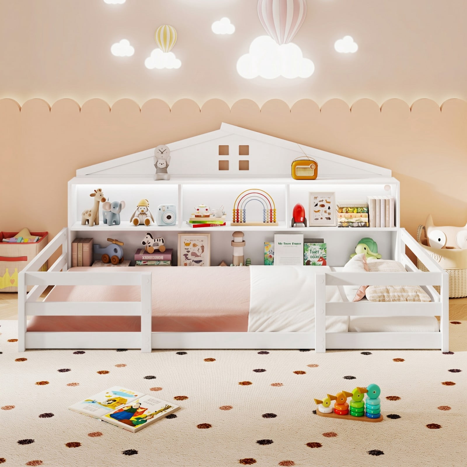 Furnibear Twin Bed Frame Montessori Floor Bed for Kids with House Headboard, Storage Compartments and Open Shelf, White