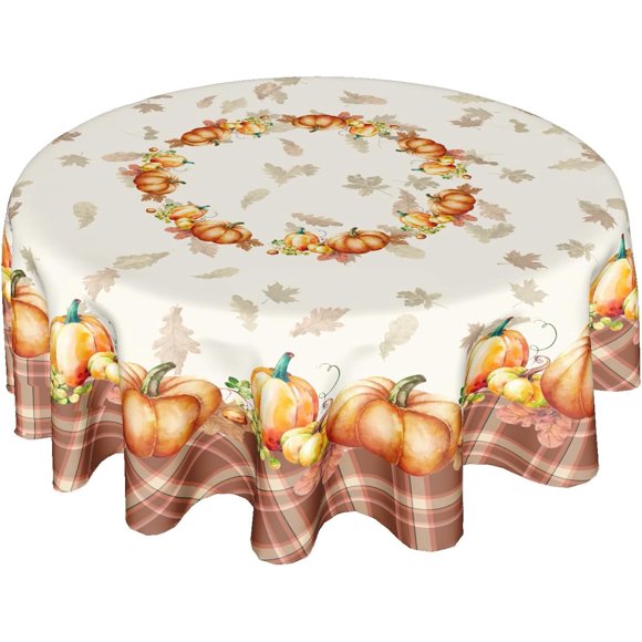 Nappe d'Automne de l'Action de Grâce Ronde 60 Pouces Nappe de Récolte de Citrouilles d'Automne Tissu Polyester à Carreaux et Feuilles d'Automne Couverture de Table Saisonnière pour Cuisine Salle à Manger Pique-Nique Fête Automne Extérieur