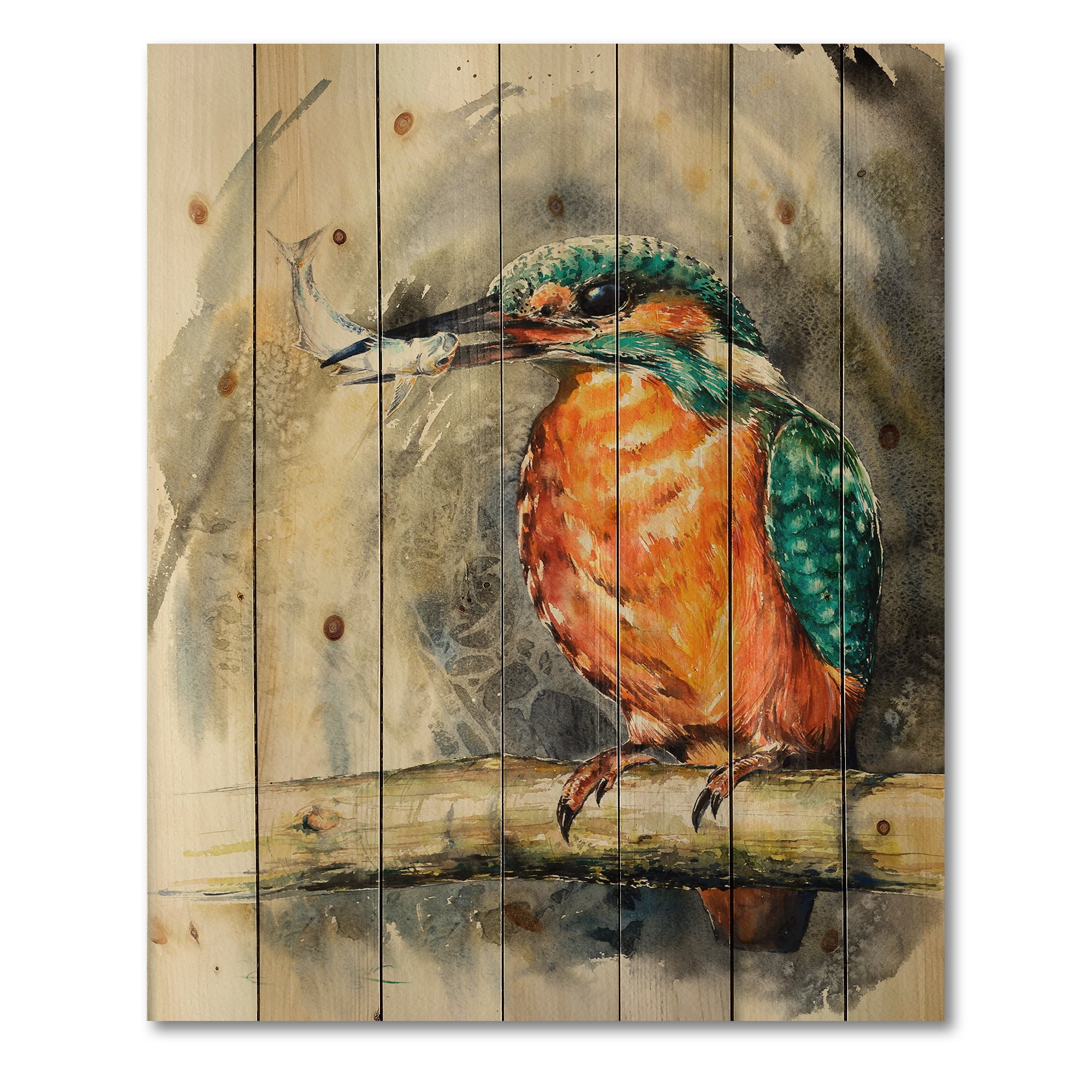 Designart 'Common Kingfisher On Branch Eating A Small Fish' Traditional Print on Natural Pine Wood