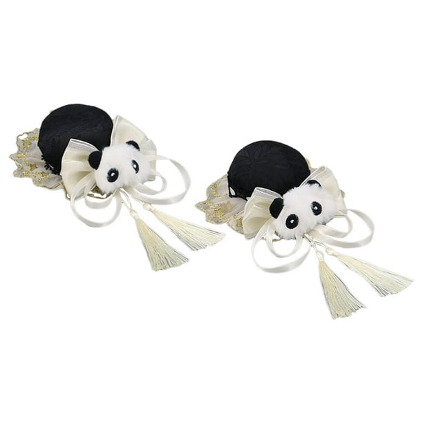 2 pinzas para el pelo estilo chino con forma de panda, accesorios para el pelo con lazo decorativo. Blanco