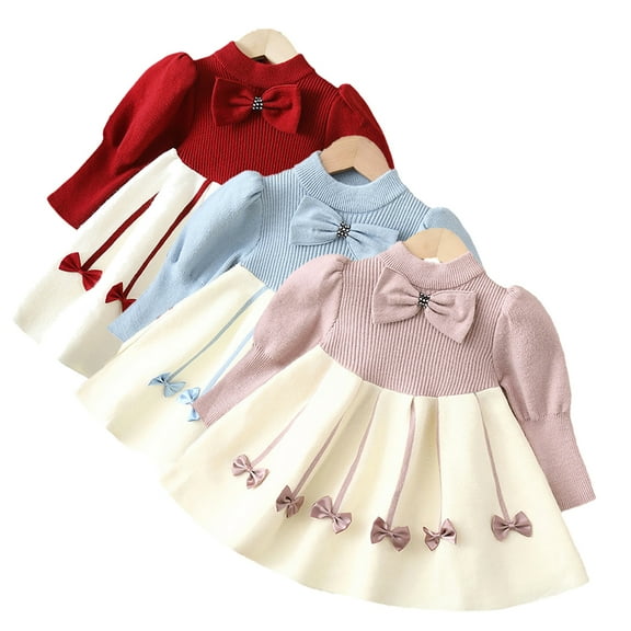 Godderr Girls Bow Tie Knit Dress for Kids Toddler Baby Long Sleeve Vintage Fashion Newborn Casual Dress Sweater Fall Dress