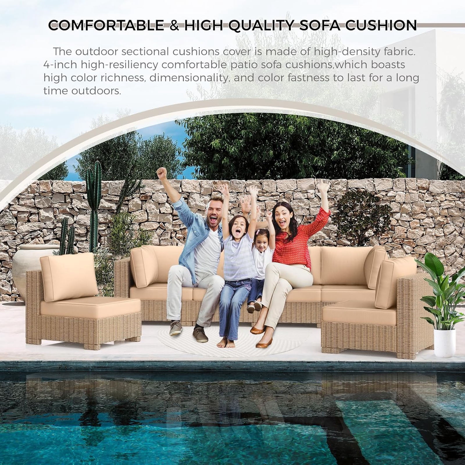 Outdoor Sectional Cushions, 6 Seat Patio Sectional Cushions, 4" Foam High-Density, Water-Resistant Patio Sofa Cushions Replacement Set（Beige）
