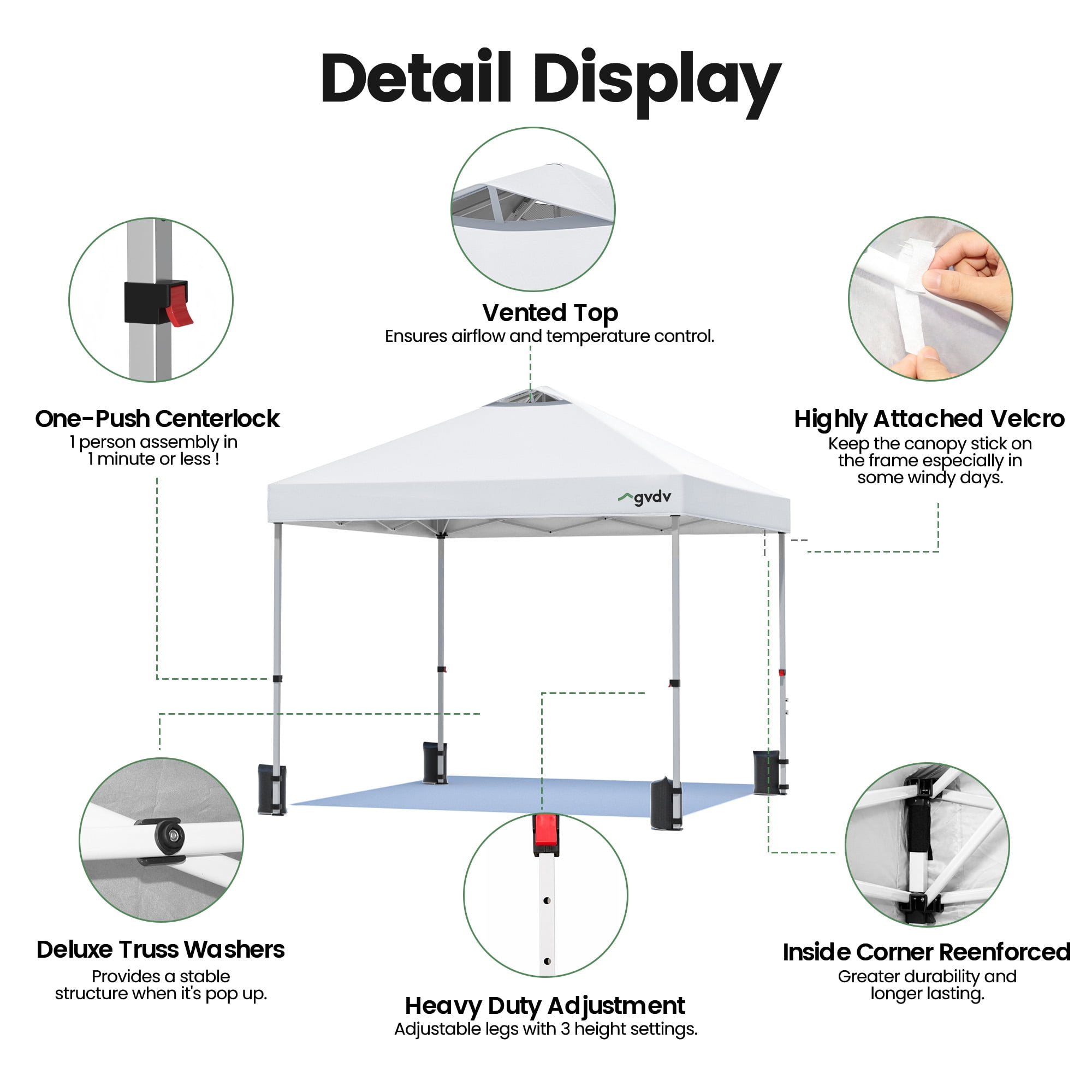 GVDV 10x10 Pop up Commercial Canopy Tent, Waterproof & Portable Outdoor Shade with Air Vent, Wheeled Bag, White