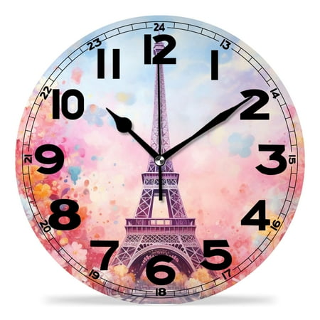 erolrail Rustic Wall Clock,Silent Non Ticking Wall Clocks for Living Room,Bedroom,Kitchen 12IN Romantic Paris Eiffel Tower Floral Flowers Painting